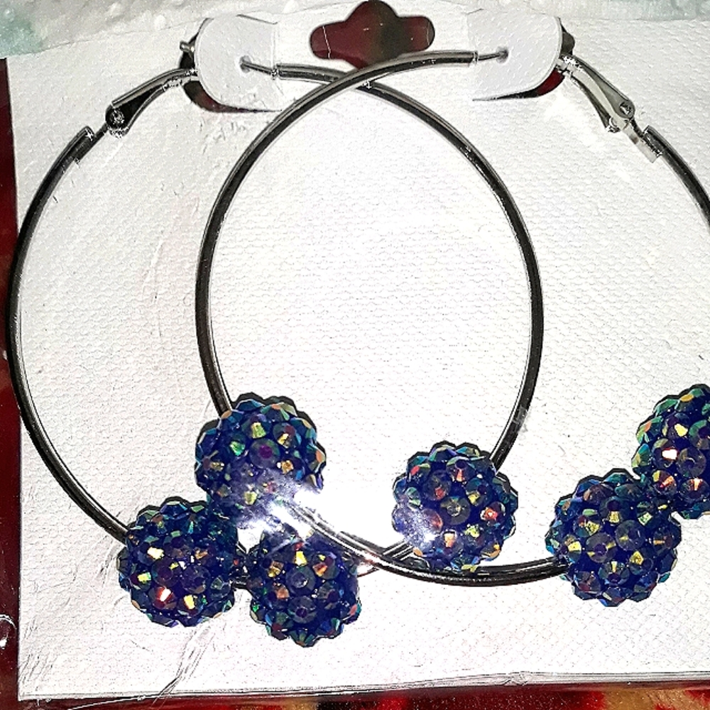 Silver Hoop Earrings with BLUE Bling Color Beads. Great Gift Idea NEW